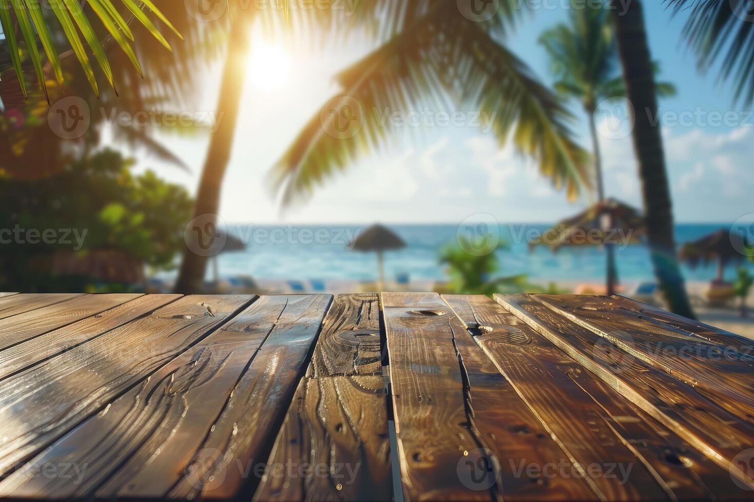 Empty wooden table top with copy space for food drink product advertising with blurred summer resort beach bar restaurant background photo