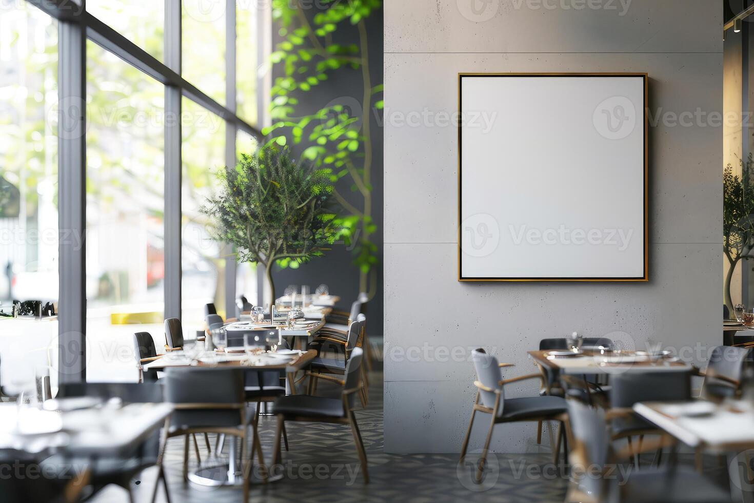 Modern cafe interior with eating tables and chairs, window and mockup frame photo