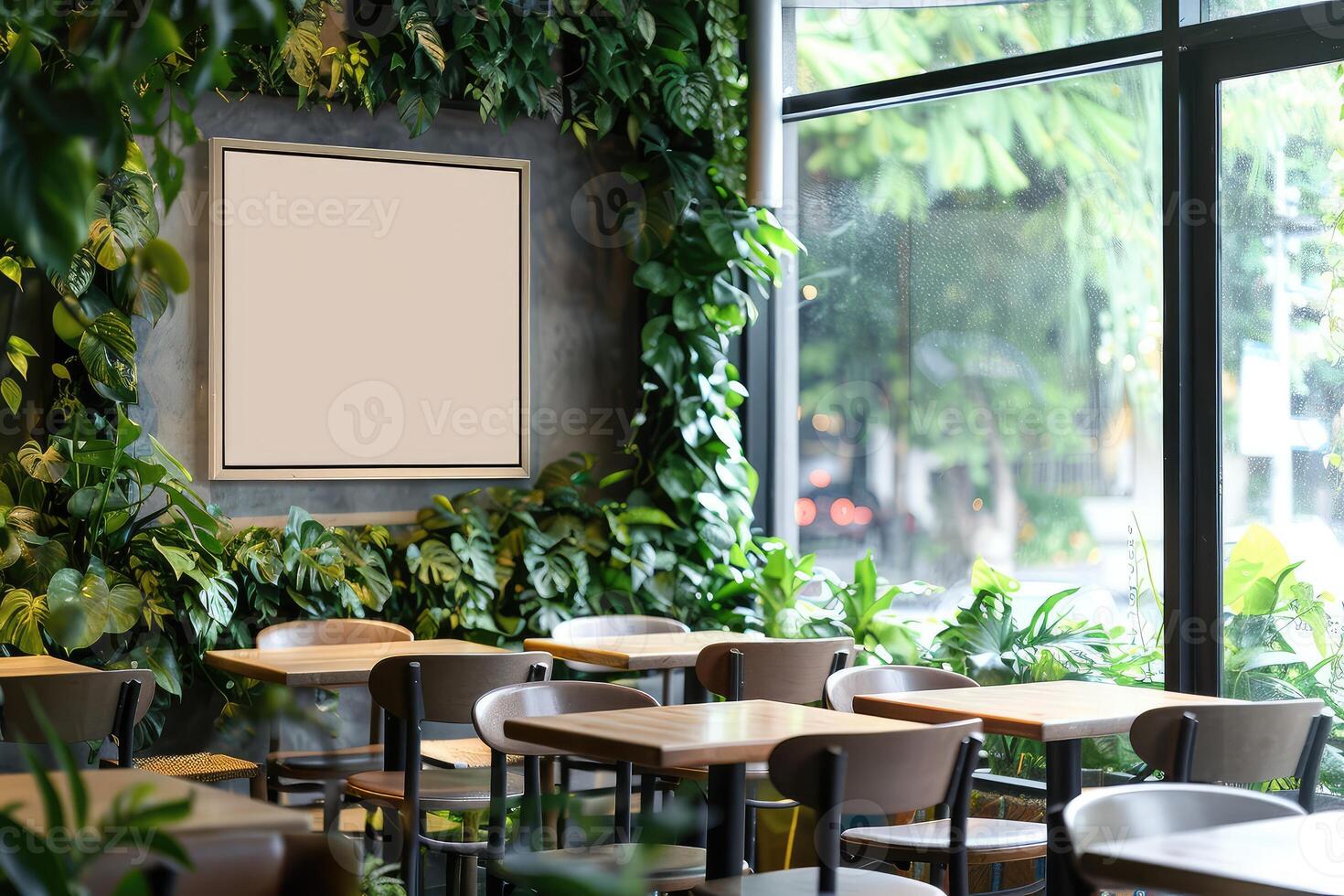 Modern cafe interior with eating tables and chairs, window and mockup frame photo