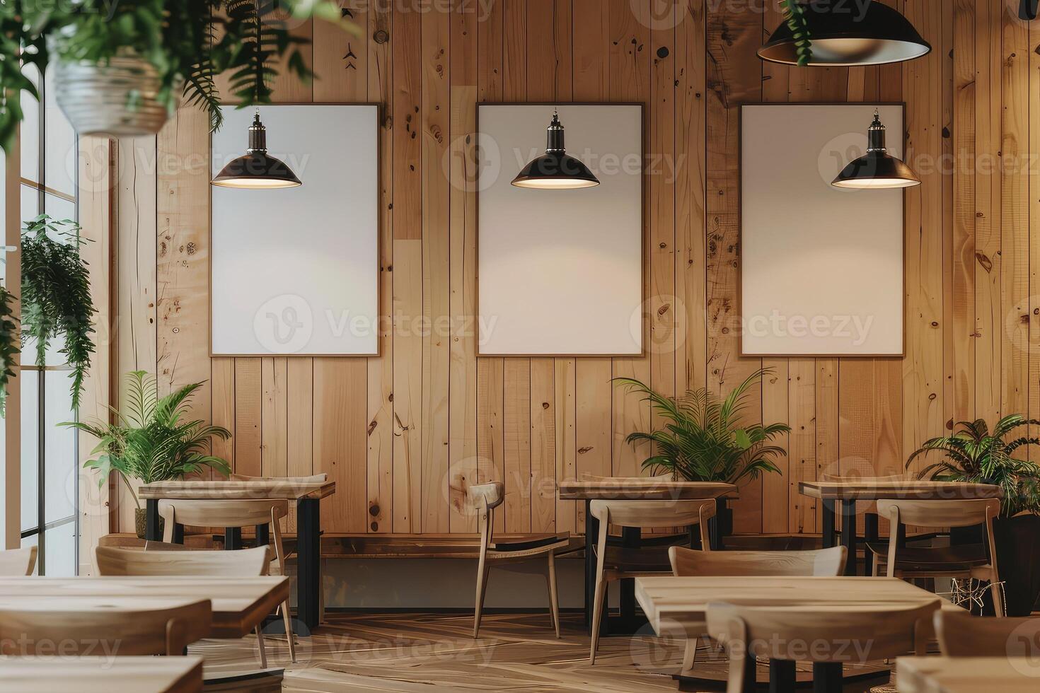 Interior of a modern cafe with blank posters on the wall, wooden design elements, and minimalist furniture, concept of interior design photo