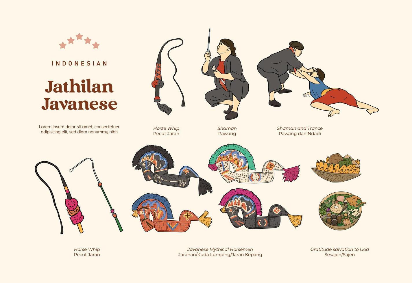 Isolated Javanese culture jathilan dance handdrawn illustration vector