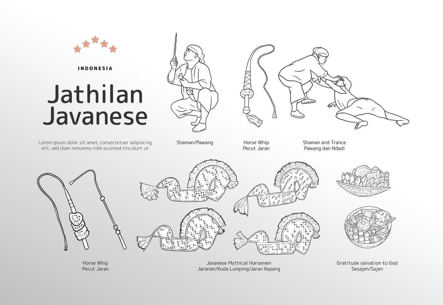 Isolated Javanese culture jathilan dance outline illustration vector