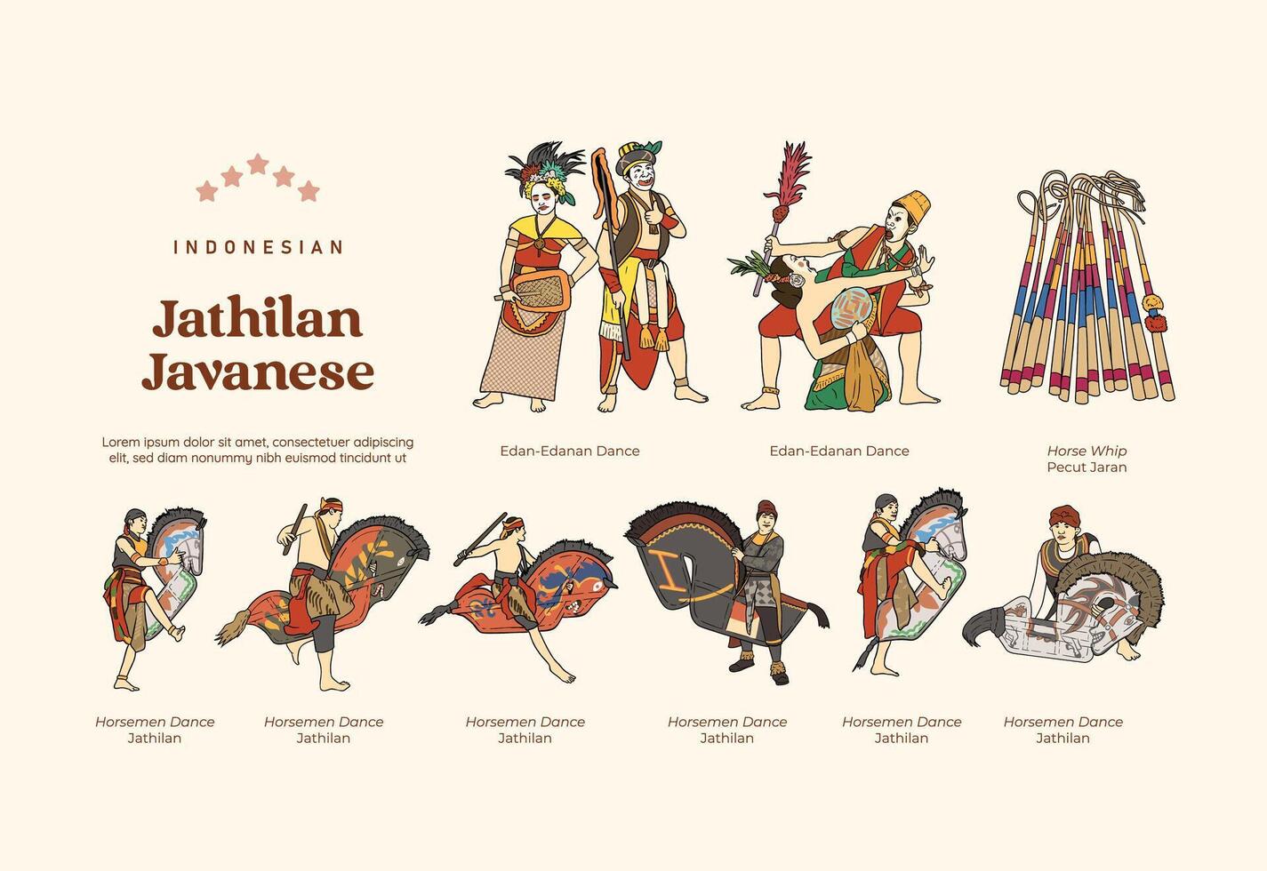 Isolated Javanese culture jathilan dance handdrawn illustration vector