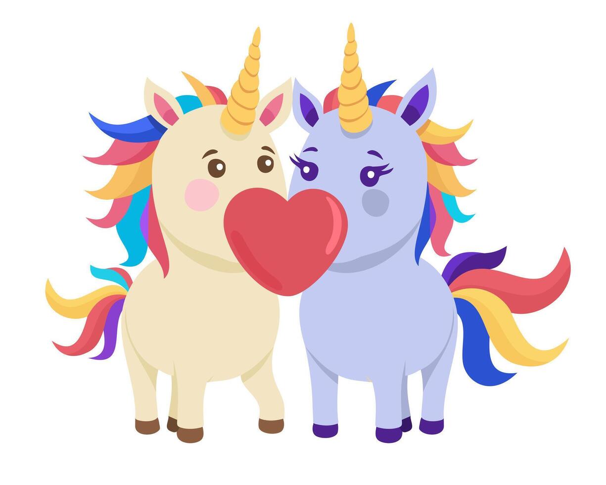 Two cute unicorns in love. isolated illustration. Kissing unicorns with heart. Love concept vector