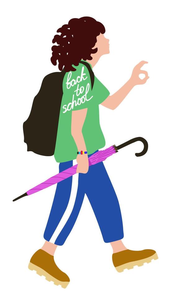 Back to school. Young girl with backpack and umbrella going to school after summer holidays. Education concept. isolated illustration vector