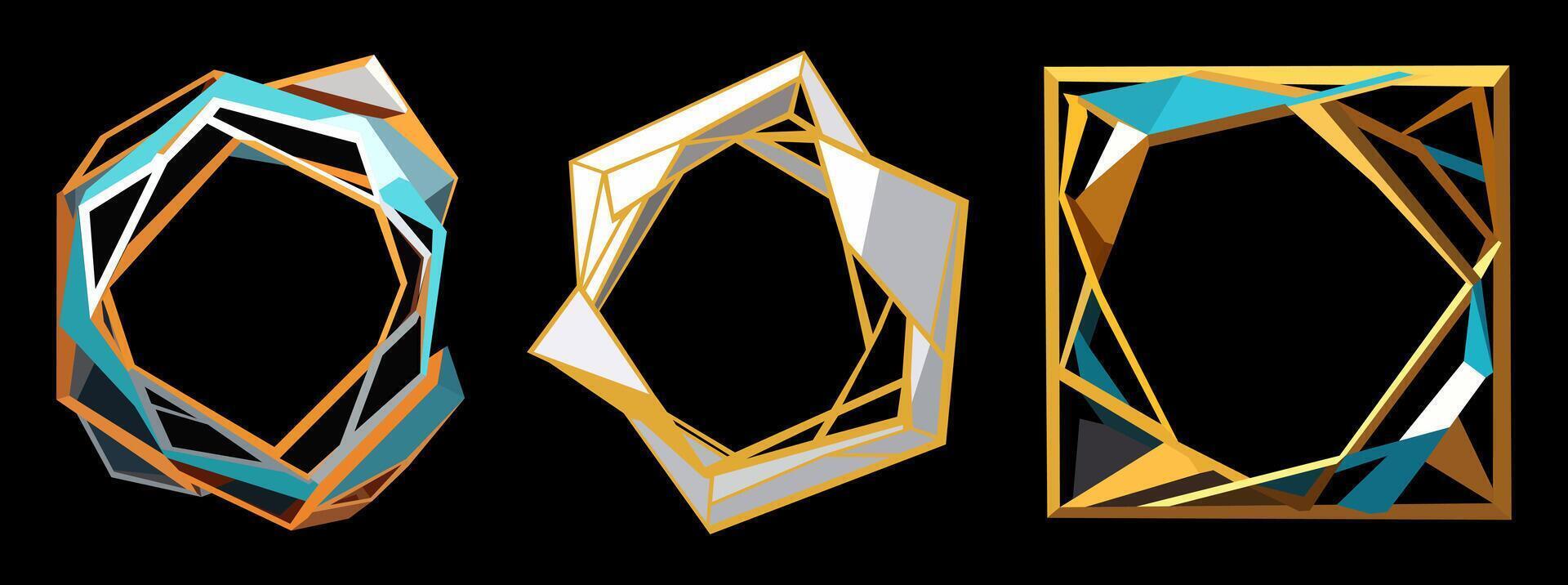 set of decorative bright geometric frames. White, blue and gold on black background vector