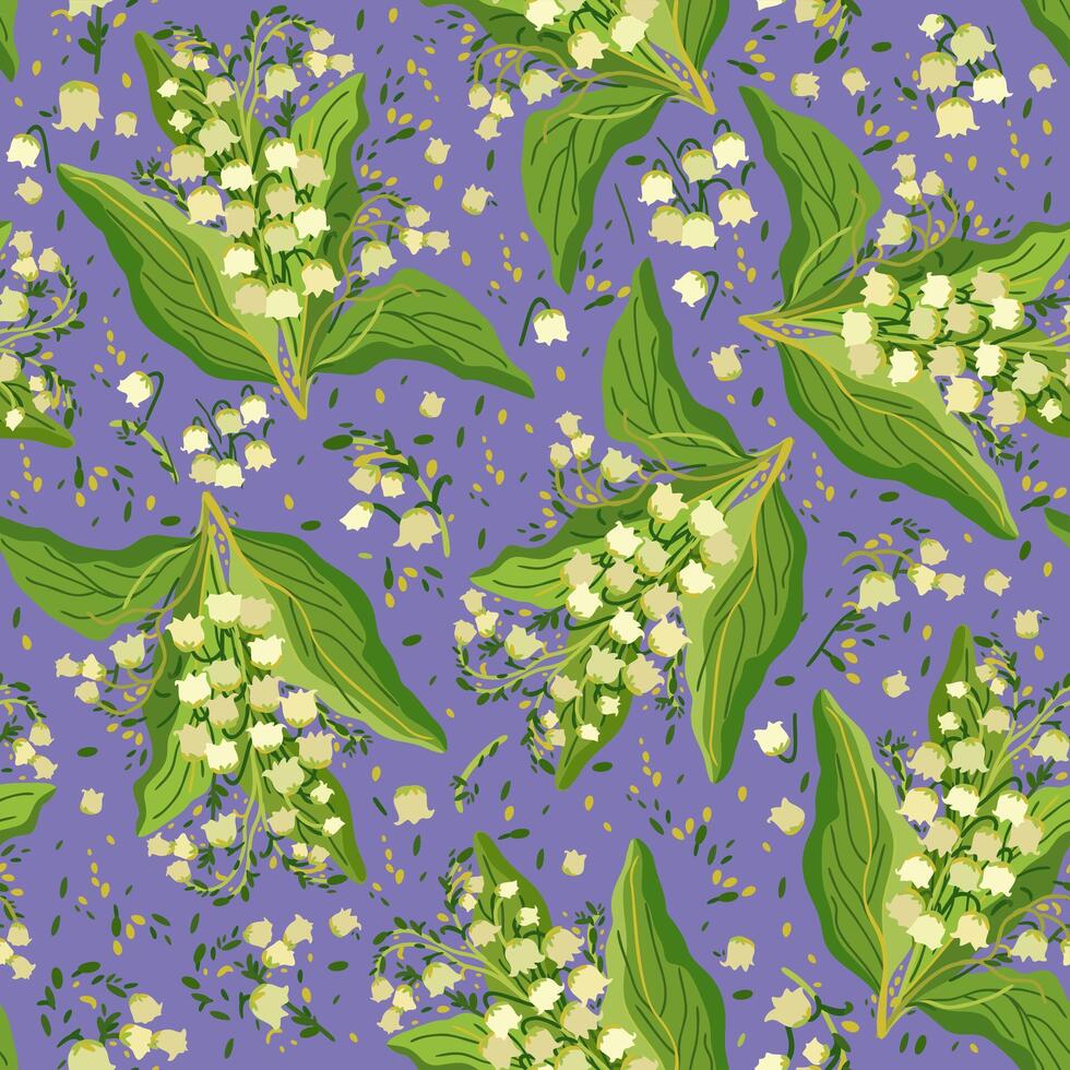 seamless floral pattern with lilies of the valley on lilac background vector