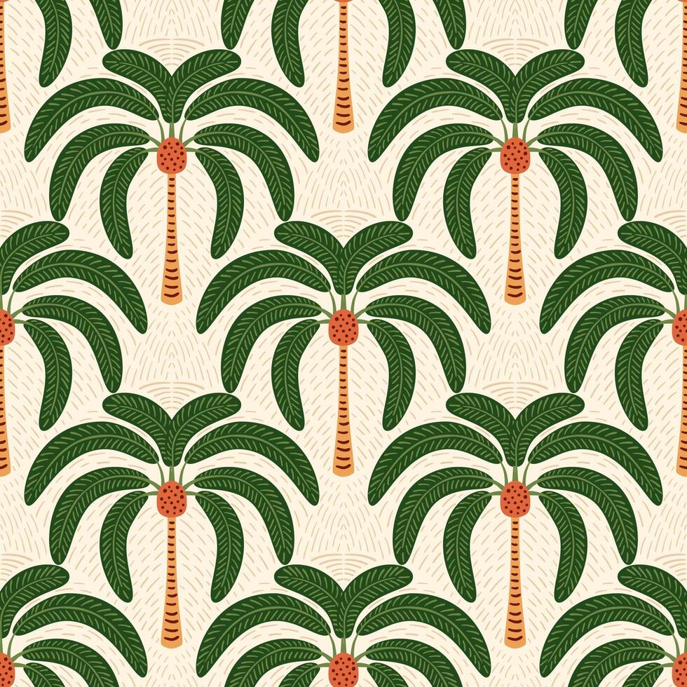 Green tropical palm tree seamless pattern. Jungle damask print, summer nature wallpaper. Hand drawn coconut plant, cute tropic illustration. Simple textile surface design, fabric, wrap paper. vector