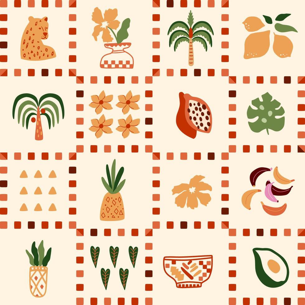 Checkered summer seamless pattern with tropical leaves, palm tree, leopard, fruits. Exotic jungle elements in square shapes. Retro chess print, repeat background, fabric, textile, wallpaper vector
