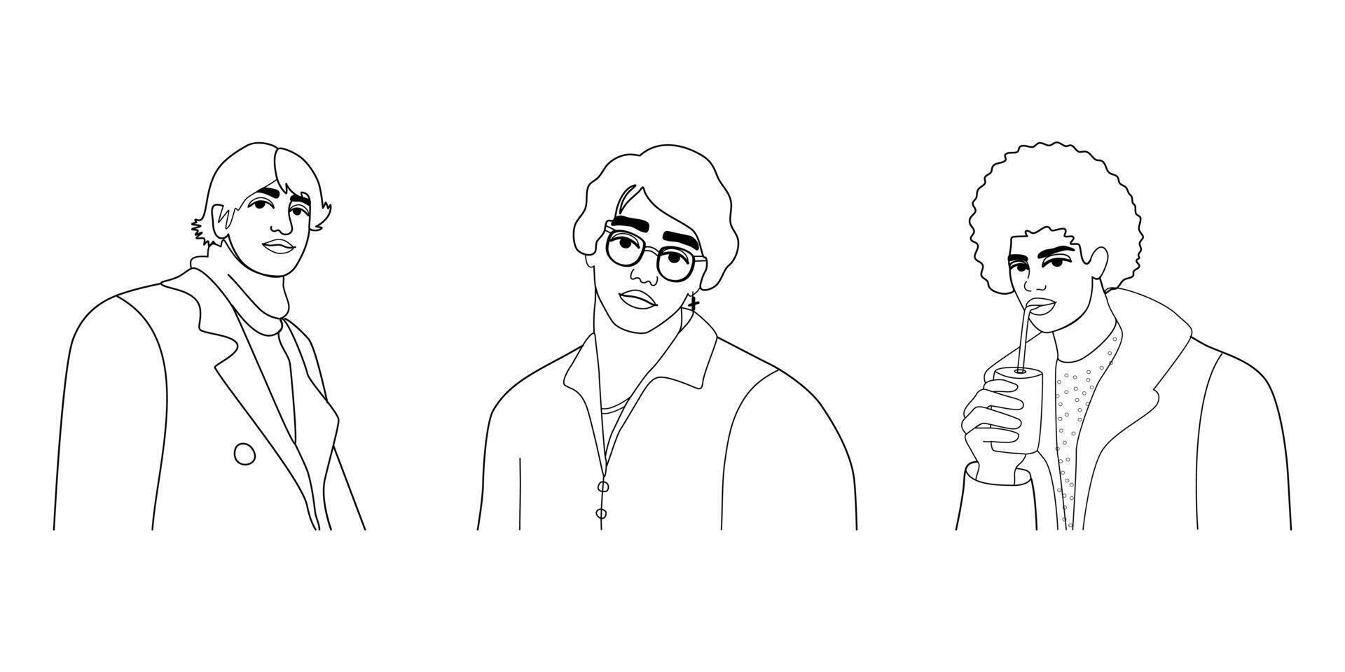Young men portraits. Handsome guys in trendy style. Linear illustration of three fashionable characters. vector