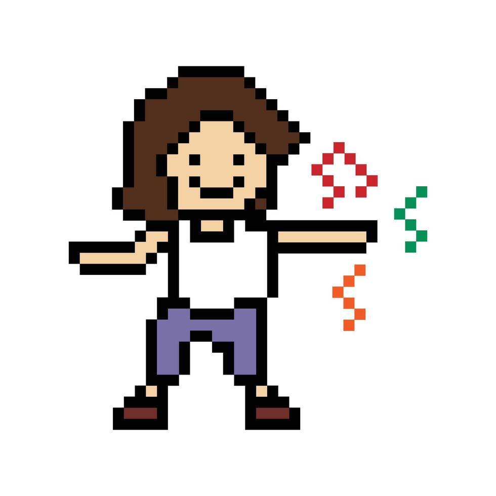Cute pixel cartoon 8bit character woman exercises training dance lifestyle music decoration life style 8 bit female girl dance with music game fitness isolated. vector