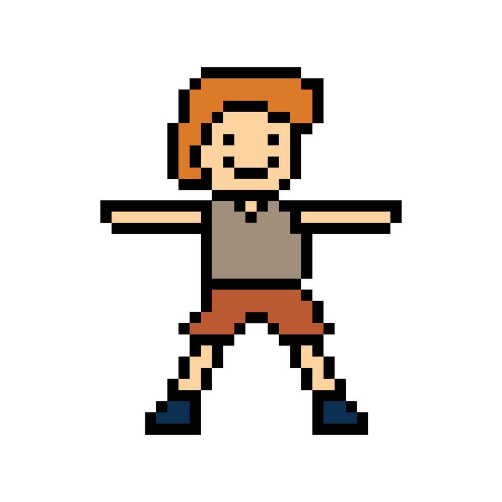 Cute pixel cartoon 8bit character man exercises training dance lifestyle music decoration life style 8 bit male boy dance with music game fitness isolated. vector