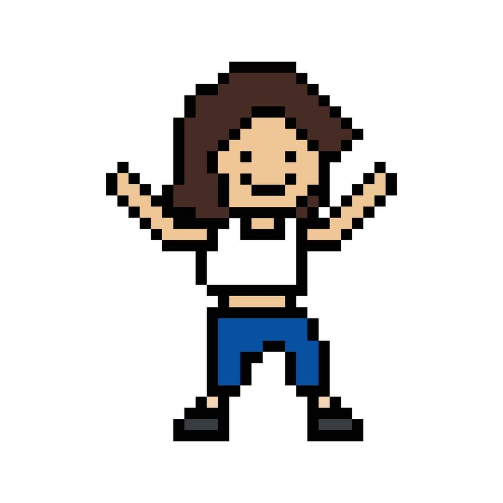Cute pixel cartoon 8bit character woman exercises training dance lifestyle music decoration life style 8 bit female girl dance with music game fitness isolated. vector