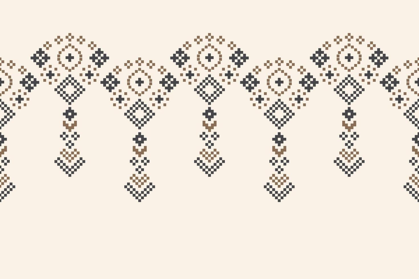 Traditional ethnic motifs ikat geometric fabric pattern cross stitch.Ikat embroidery Ethnic oriental Pixel brown cream label background. Abstract,illustration. Texture,decoration,wallpaper. vector