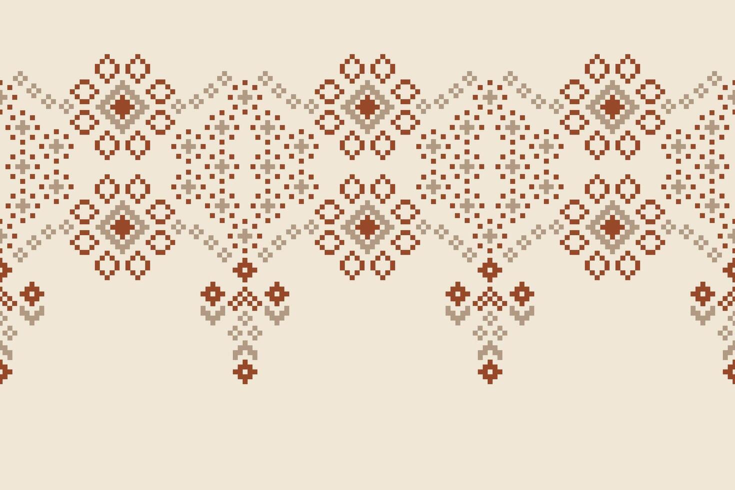 Traditional ethnic motifs ikat geometric fabric pattern cross stitch.Ikat embroidery Ethnic oriental Pixel brown cream label background. Abstract,illustration. Texture,decoration,wallpaper. vector