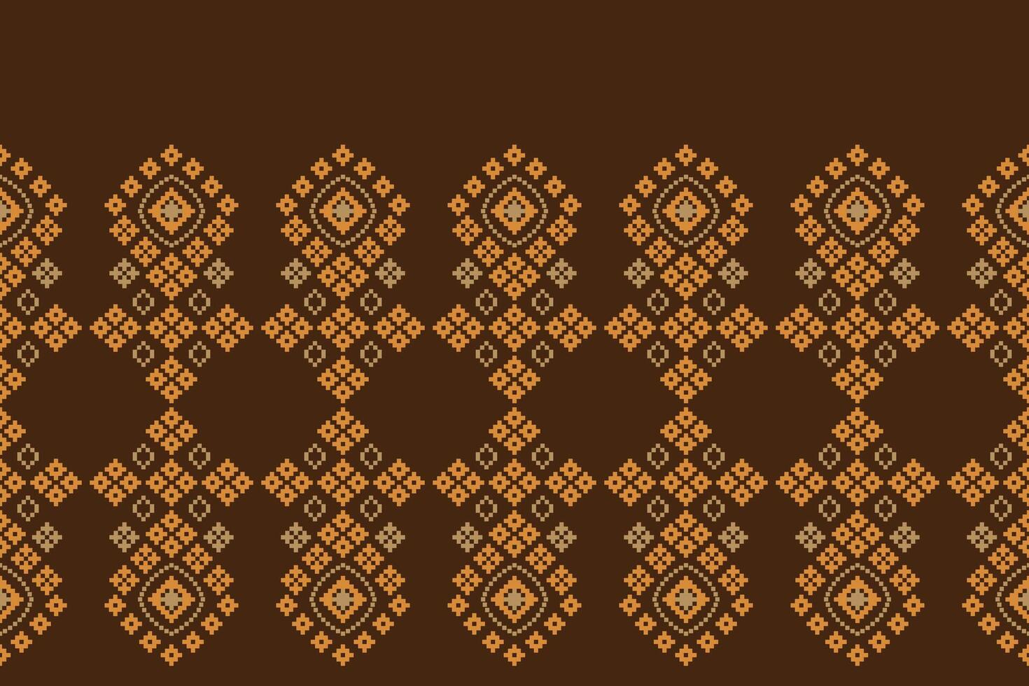 Traditional black ethnic motifs ikat geometric fabric pattern cross stitch.Ikat embroidery Ethnic oriental Pixel brown background.Abstract,illustration. Texture,decoration,wallpaper. vector