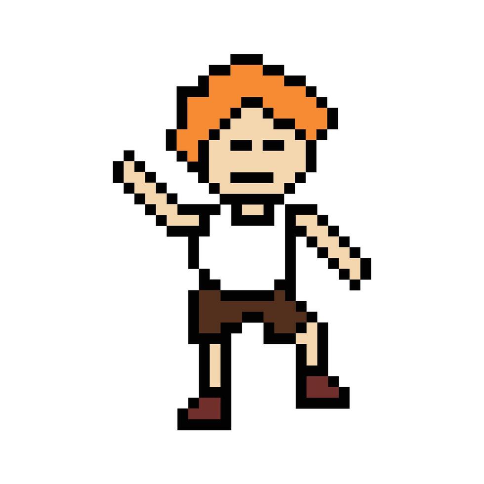 Cute pixel cartoon 8bit character man exercises training dance lifestyle music decoration life style 8 bit male boy dance with music game fitness isolated. vector