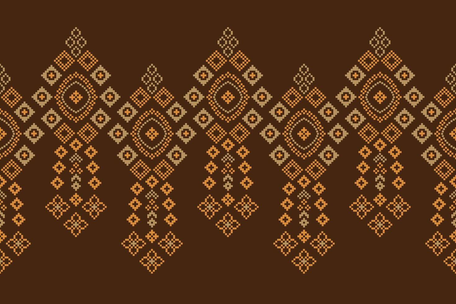 Traditional black ethnic motifs ikat geometric fabric pattern cross stitch.Ikat embroidery Ethnic oriental Pixel brown background.Abstract,illustration. Texture,decoration,wallpaper. vector