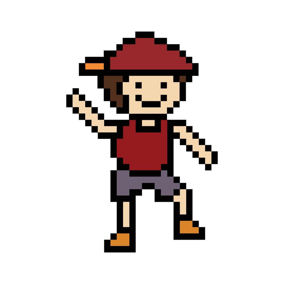 Cute pixel cartoon 8bit character man exercises training dance lifestyle music decoration life style 8 bit male boy dance with music game fitness isolated. vector