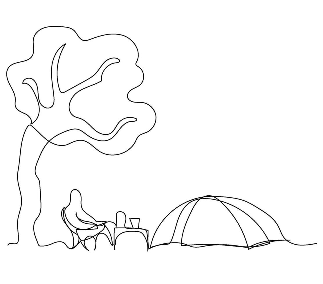 Sketch outline concept minimal travel camp picnic backpack drawing continuous line art. Camping hiking adventure concept hand drawn with white ioslated background. Abstract,illustration. vector