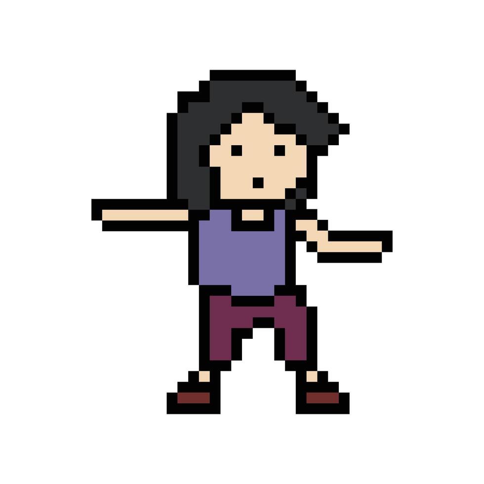 Cute pixel cartoon 8bit character woman exercises training dance lifestyle music decoration life style 8 bit female girl dance with music game fitness isolated. vector