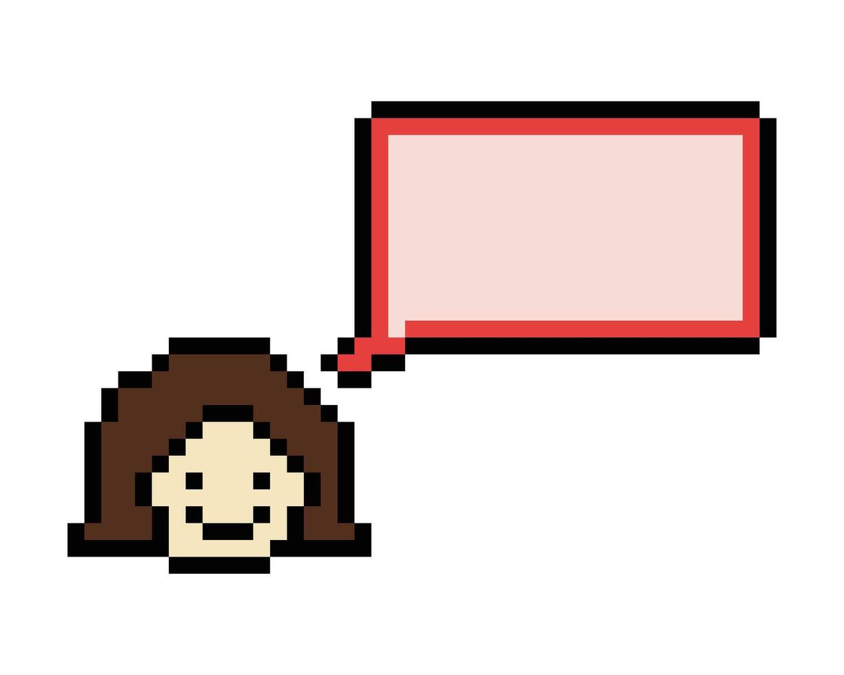 Cute pixel 8bit character woman with chat blank say talk decoration 8 bit female girl think speak discuss idea chat box cartoon pixel game. vector
