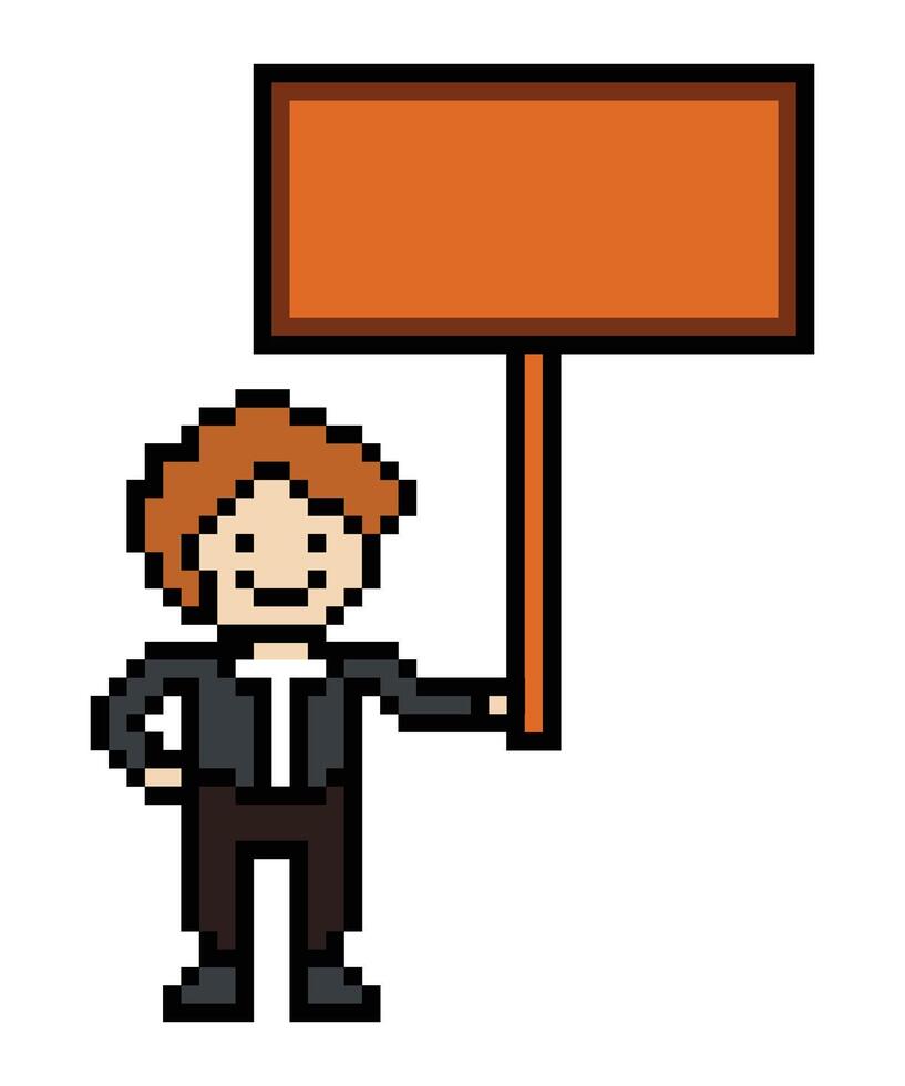 Cute pixel cartoon character man hold wooden sign wood board decoration 8 bit male with blank space sign wooden pixel game . vector