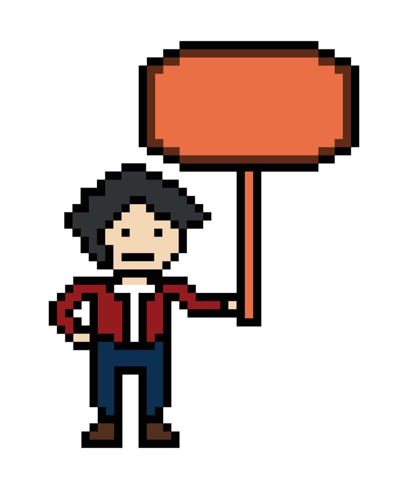 Cute pixel cartoon character man hold wooden sign wood board decoration 8 bit male with blank space sign wooden pixel game . vector