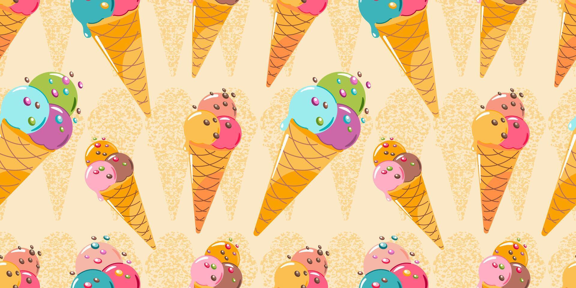 Seamless ice cream pattern. Ice cream in a cone on yellow background. Summer background. vector