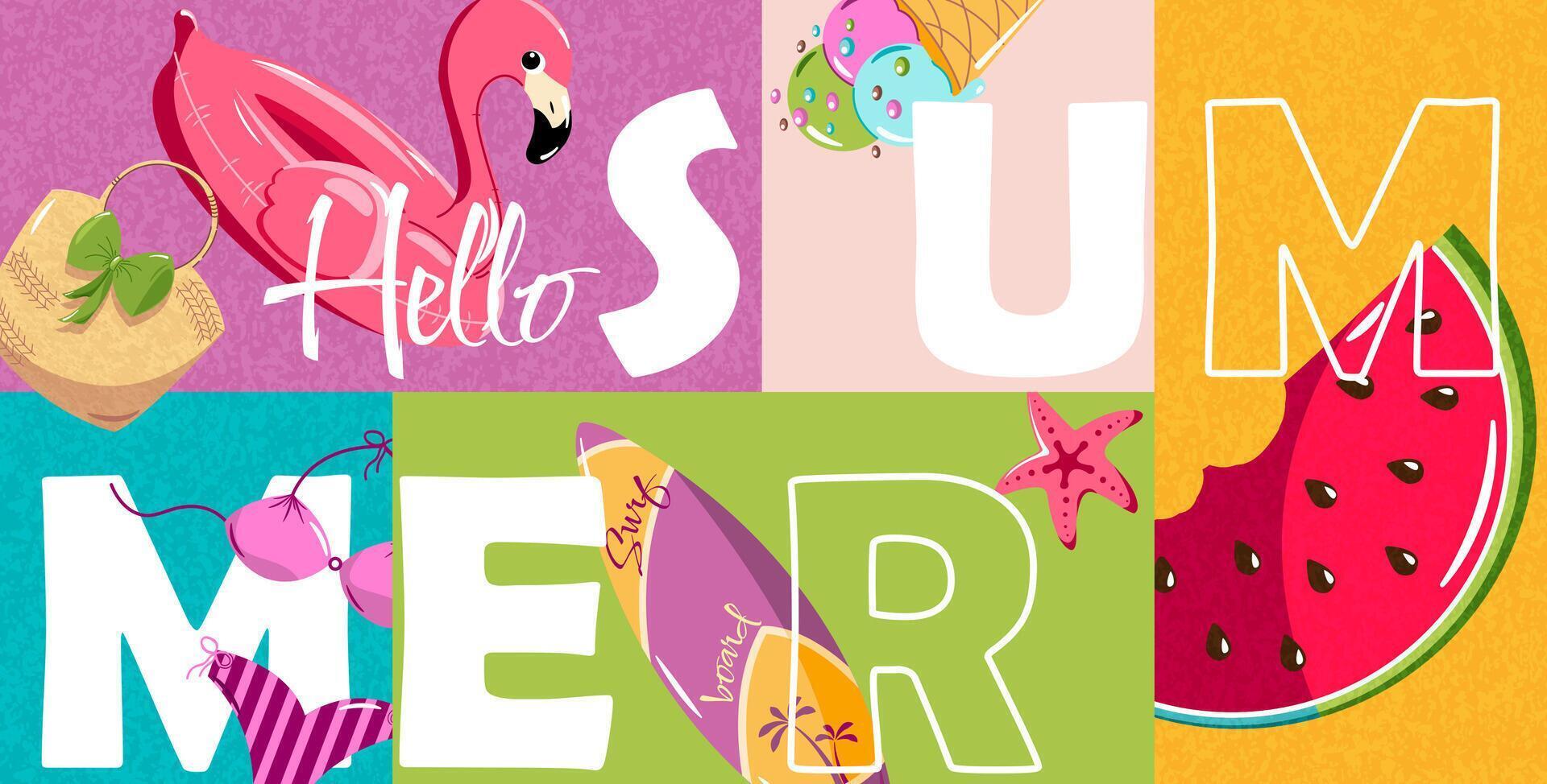 Horizontal banner with summer elements. Abstract summer background with Flamingo pool float, beach accessories, surfboard, watermelon and ice cream. vector