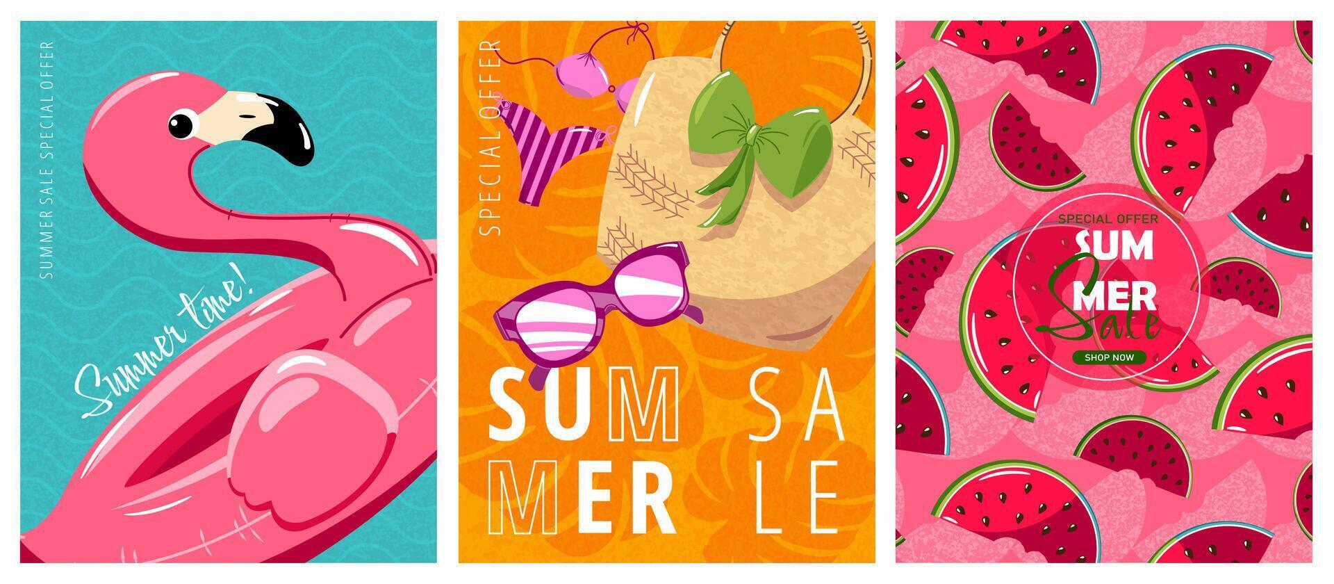 A set of vertical posters for the summer sale. Bright, modern design with summer elements. vector