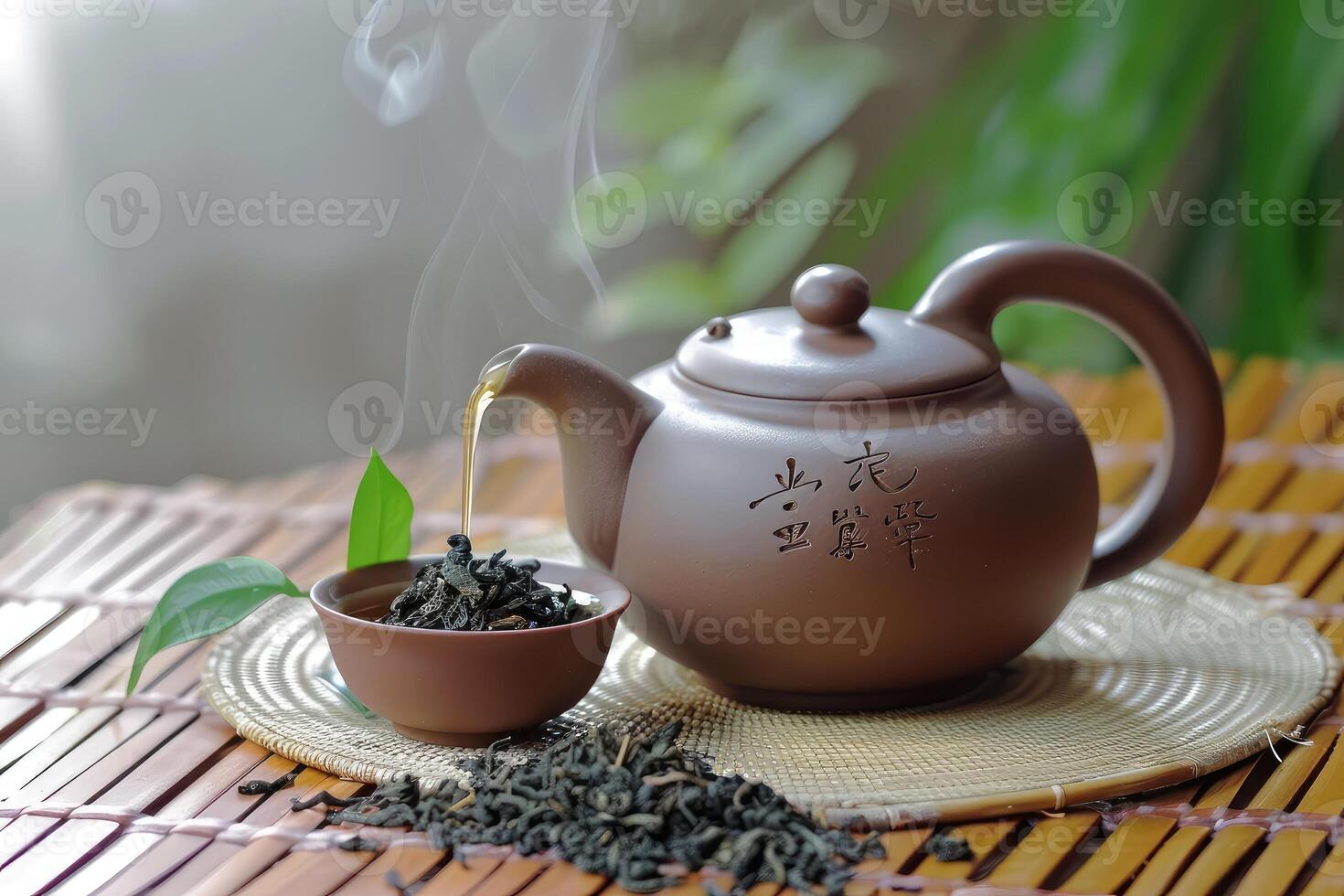 A traditional clay tea pot and cup with fresh tea leaves on a bamboo mat, evoking a health and ceremony concept photo
