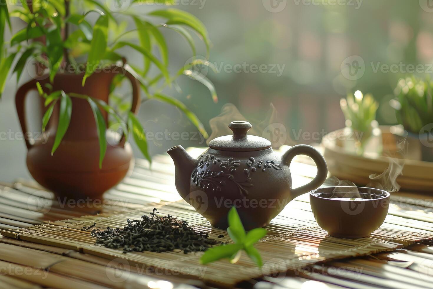 A traditional clay tea pot and cup with fresh tea leaves on a bamboo mat, evoking a health and ceremony concept photo