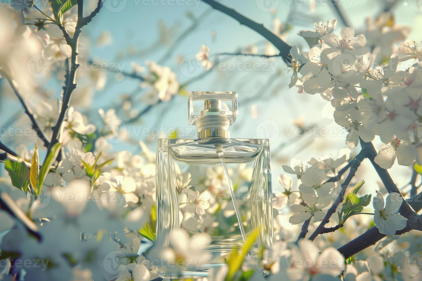 Transparent glass bottle of perfume standing on background with white blooming tree branches. Elegant luxury fragrance presentation with spring soft sunlight photo