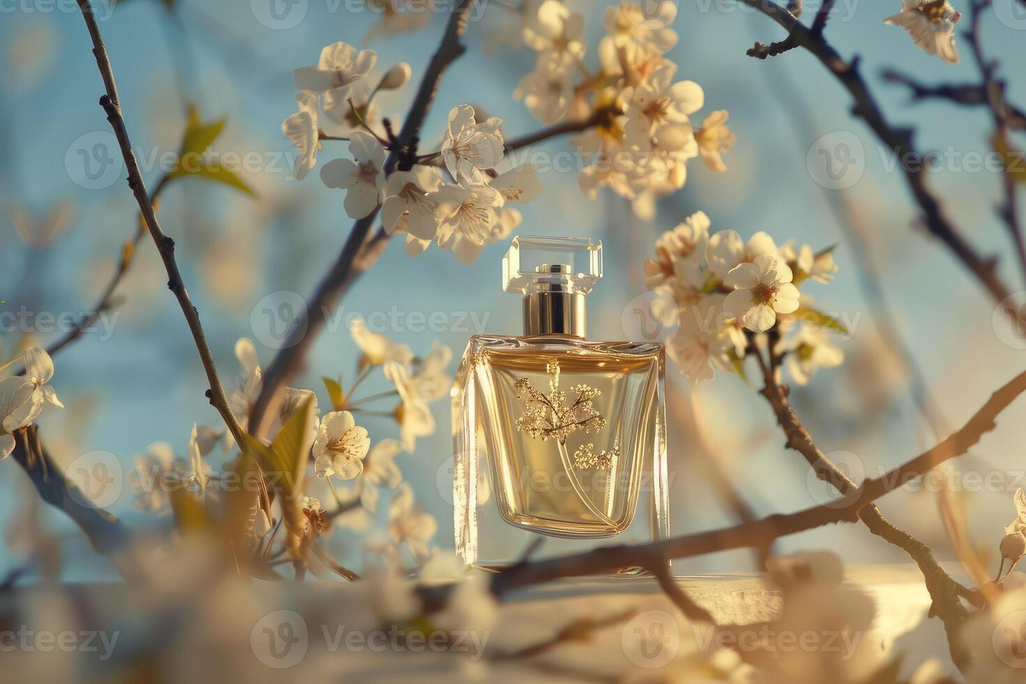 Transparent glass bottle of perfume standing on background with white blooming tree branches. Elegant luxury fragrance presentation with spring soft sunlight photo