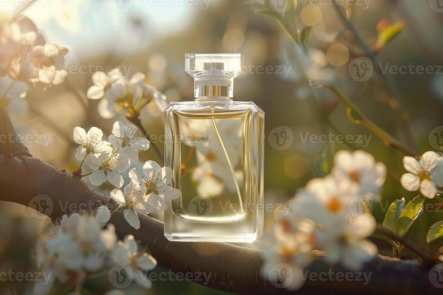 Transparent glass bottle of perfume standing on background with white blooming tree branches. Elegant luxury fragrance presentation with spring soft sunlight photo