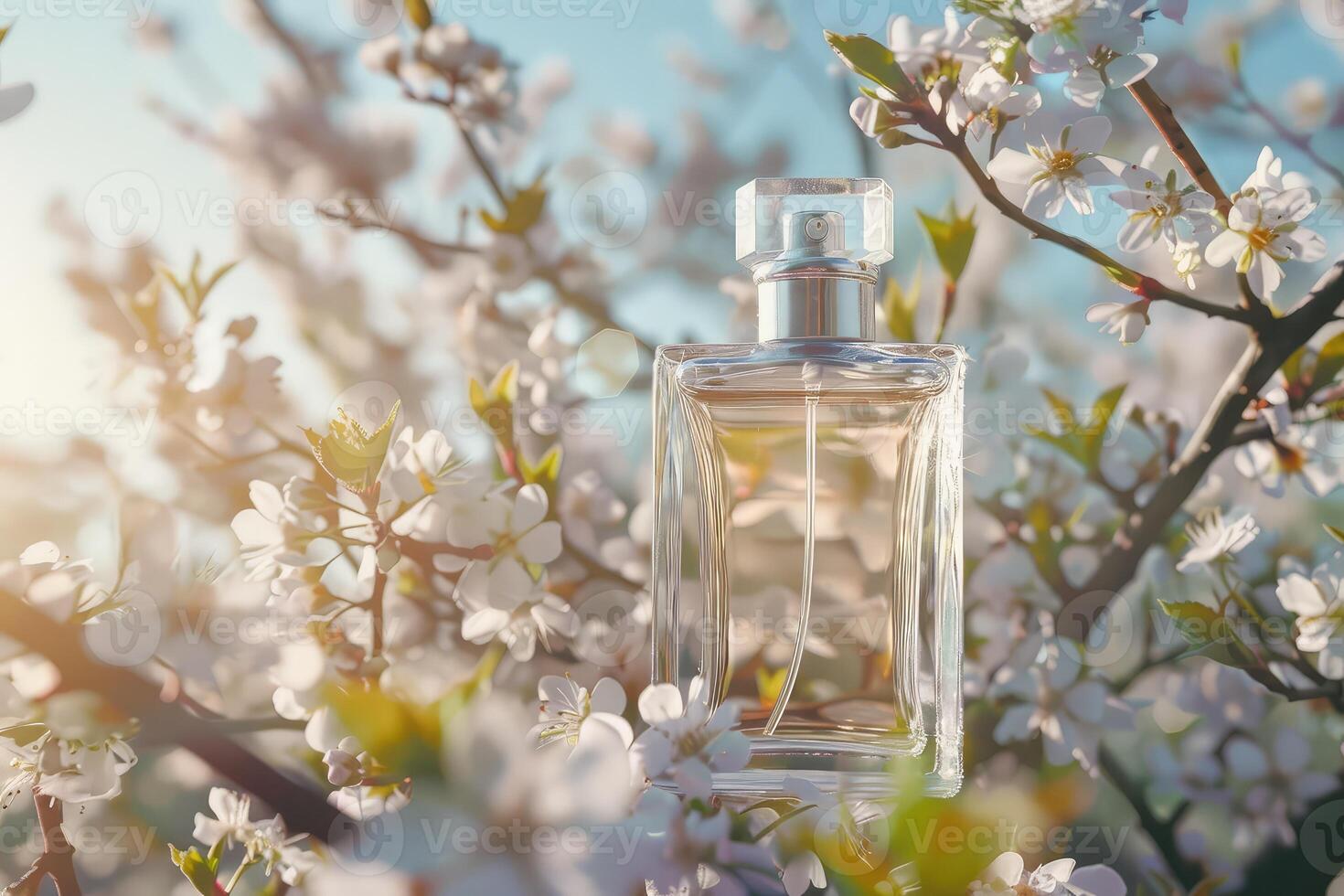 Transparent glass bottle of perfume standing on background with white blooming tree branches. Elegant luxury fragrance presentation with spring soft sunlight photo