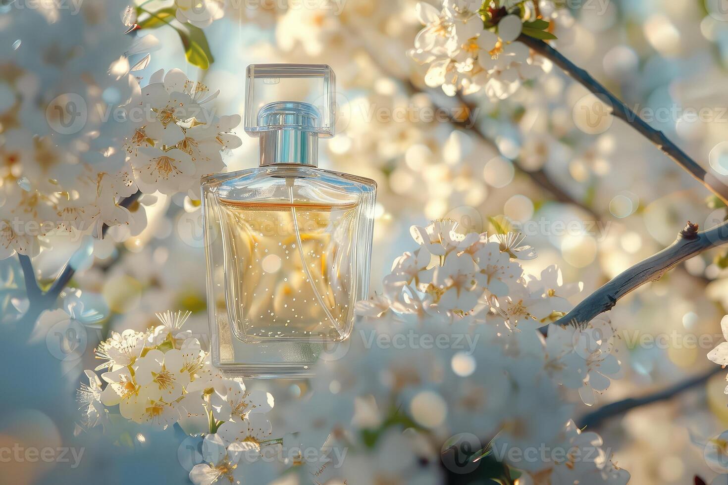 Transparent glass bottle of perfume standing on background with white blooming tree branches. Elegant luxury fragrance presentation with spring soft sunlight photo