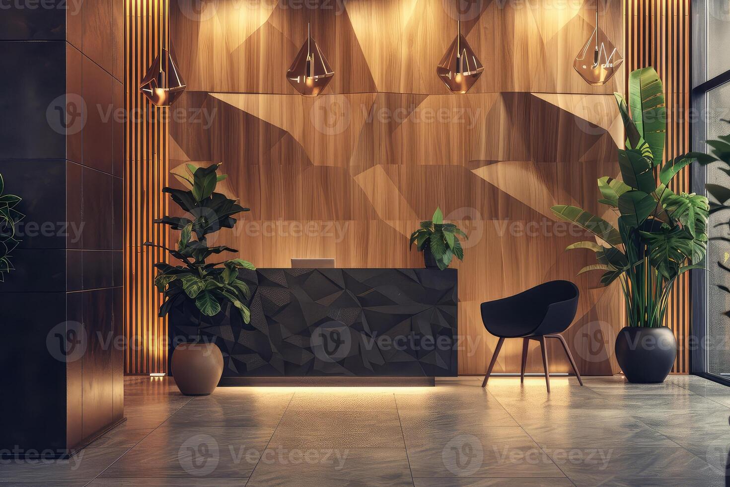 A modern office reception area featuring a wood-textured wall, black chairs, and potted plants, illuminated by warm light photo