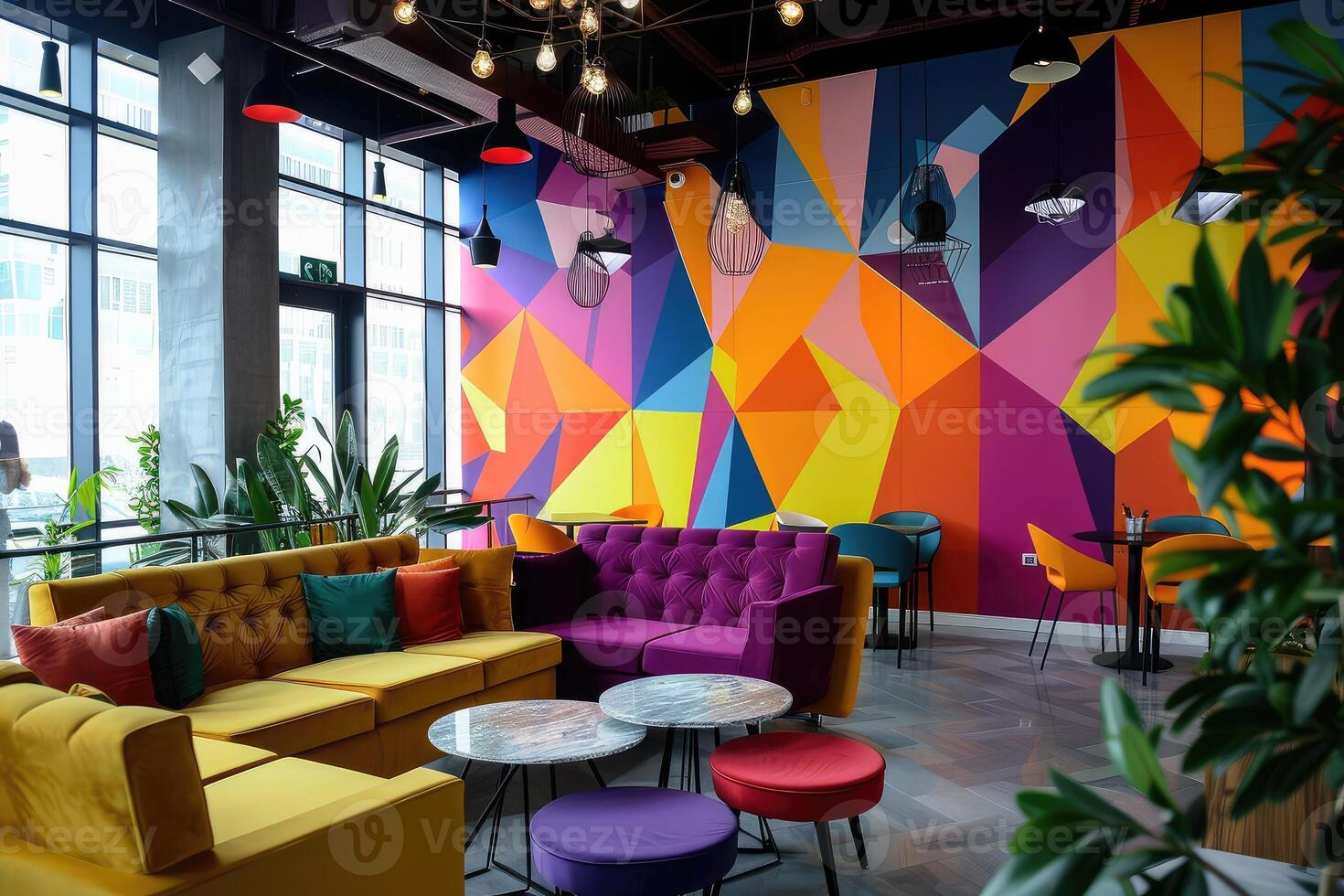 Modern interior of open co-working space with ergonomic furniture and dynamic bold colors, geometric pattern on walls photo