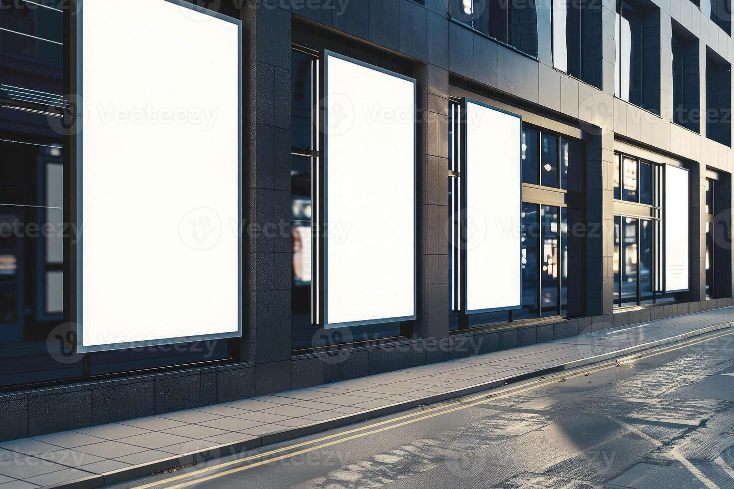 Row of empty billboards on the facade of a modern building, mockup concept, set on a city street backdrop photo