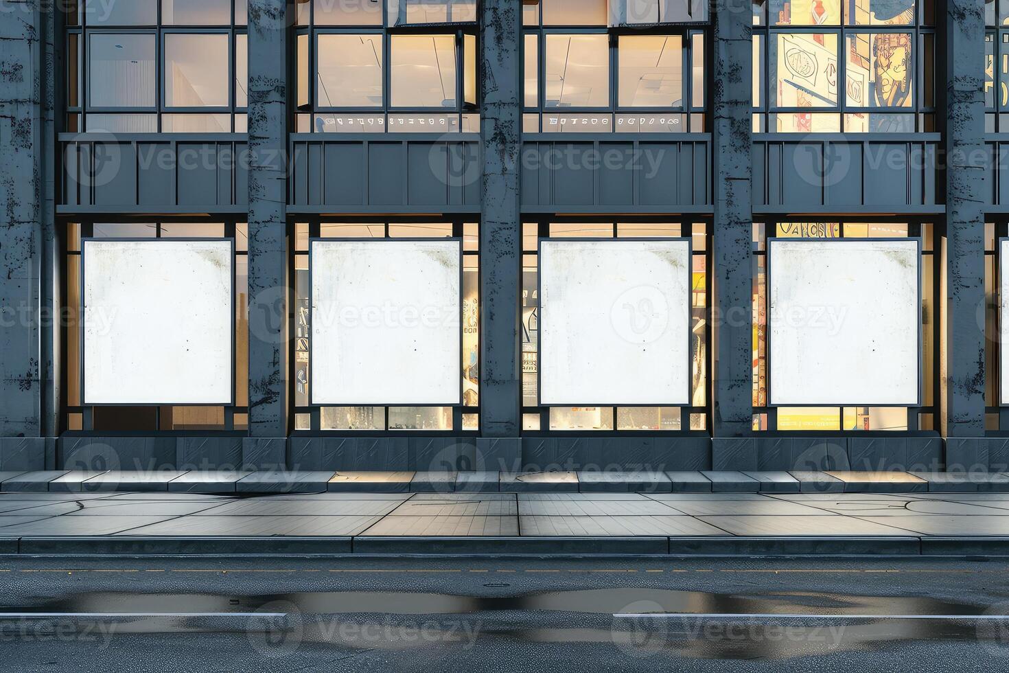 Row of empty billboards on the facade of a modern building, mockup concept, set on a city street backdrop photo