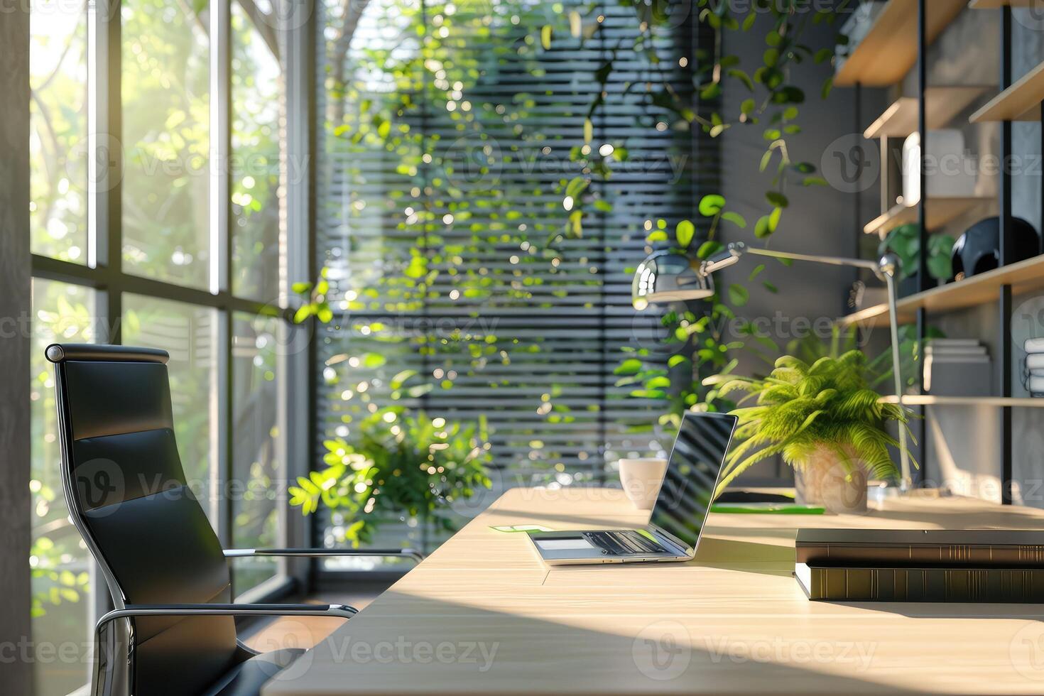 Modern office interior with work desk and laptop, panoramic window. Mock up wall photo