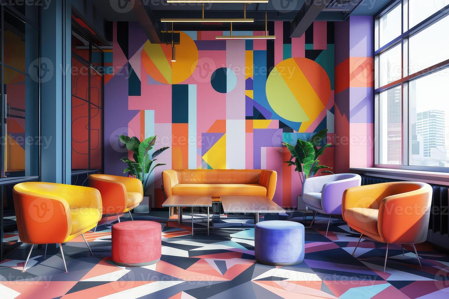 Modern interior of open co-working space with ergonomic furniture and dynamic bold colors, geometric pattern on walls photo