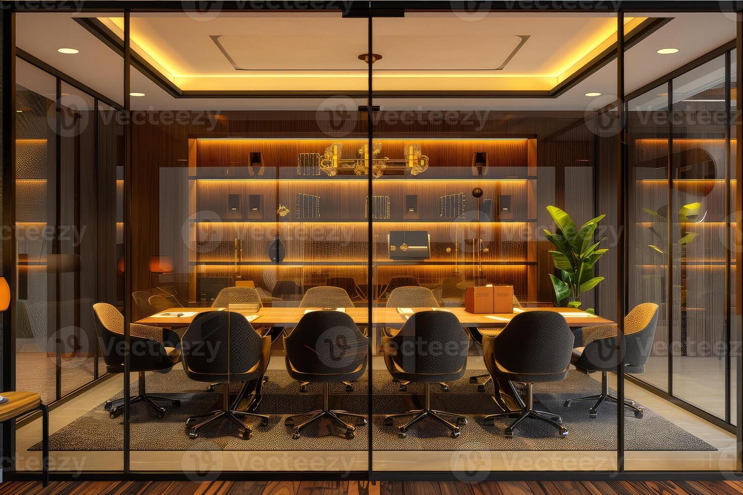 Stylish glass meeting room interior with board and chairs, shelf with documents photo