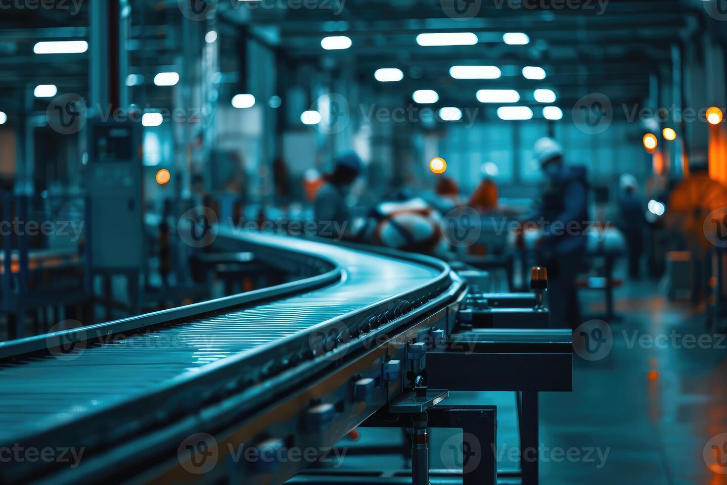 Photo of an industrial factory with a conveyor belt, workers in the background, clear blue tones, concept of modern production line