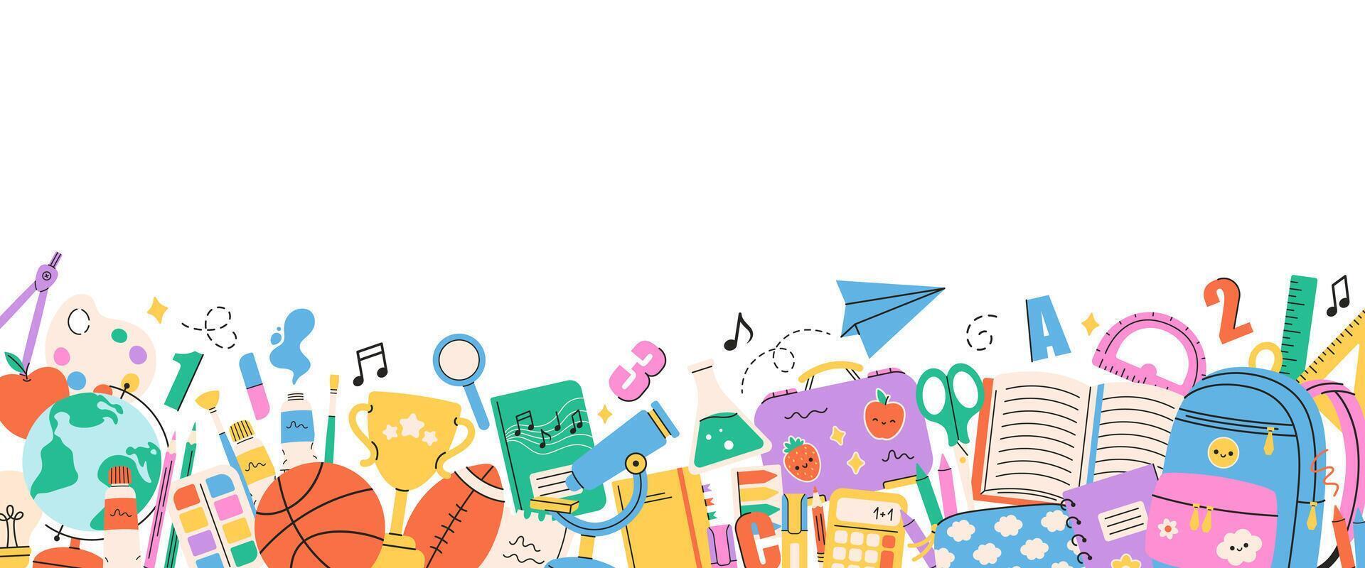 School supplies and stationery on seamless border frame background with copy space. Back to school horizontal banner. vector