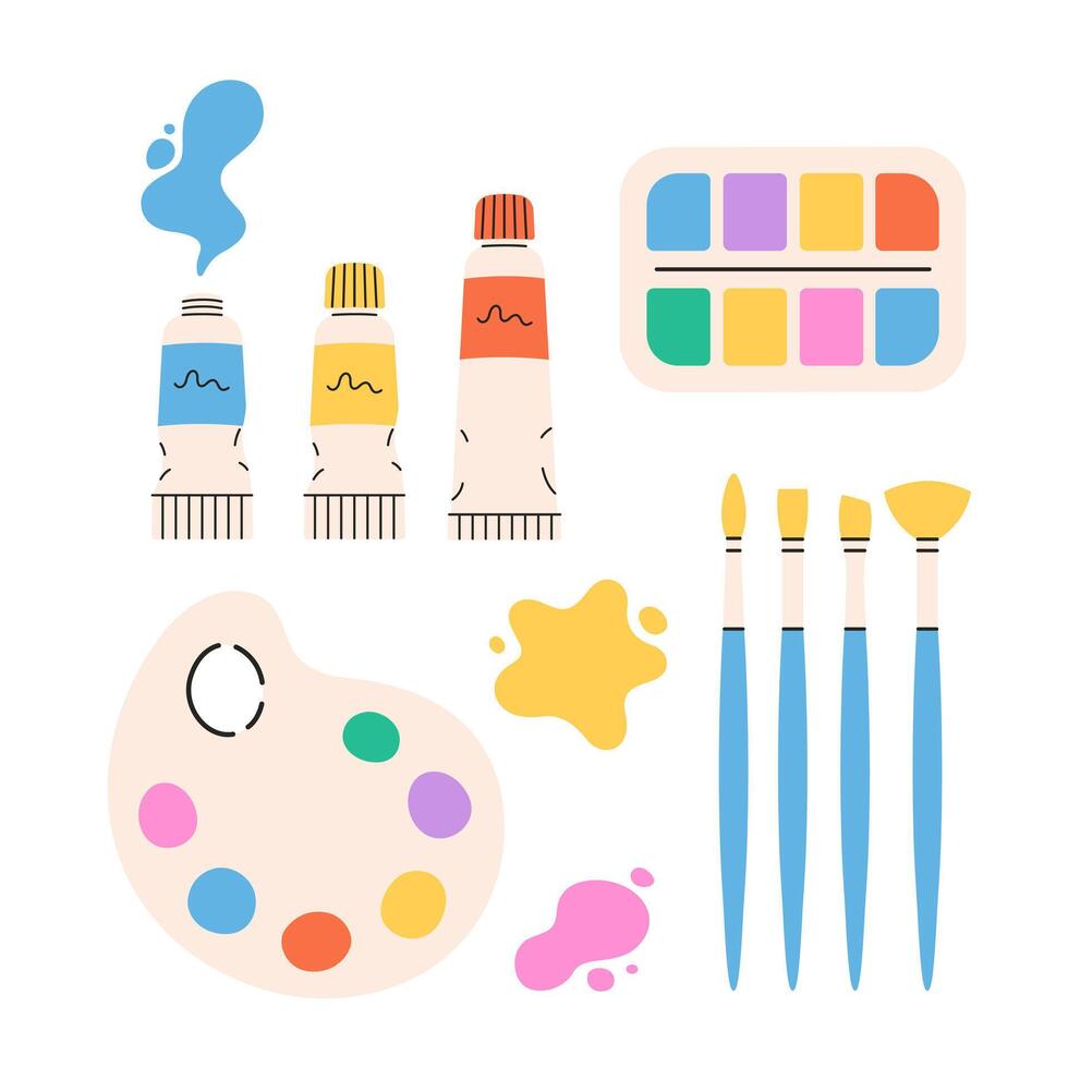 School stationery and art supplies set. Accessories for painting. Back to school vector