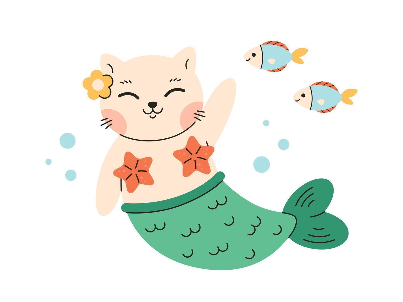 Cute cat mermaid. Cat swimming with fishes. Summer time, summer holidays, vacation vector