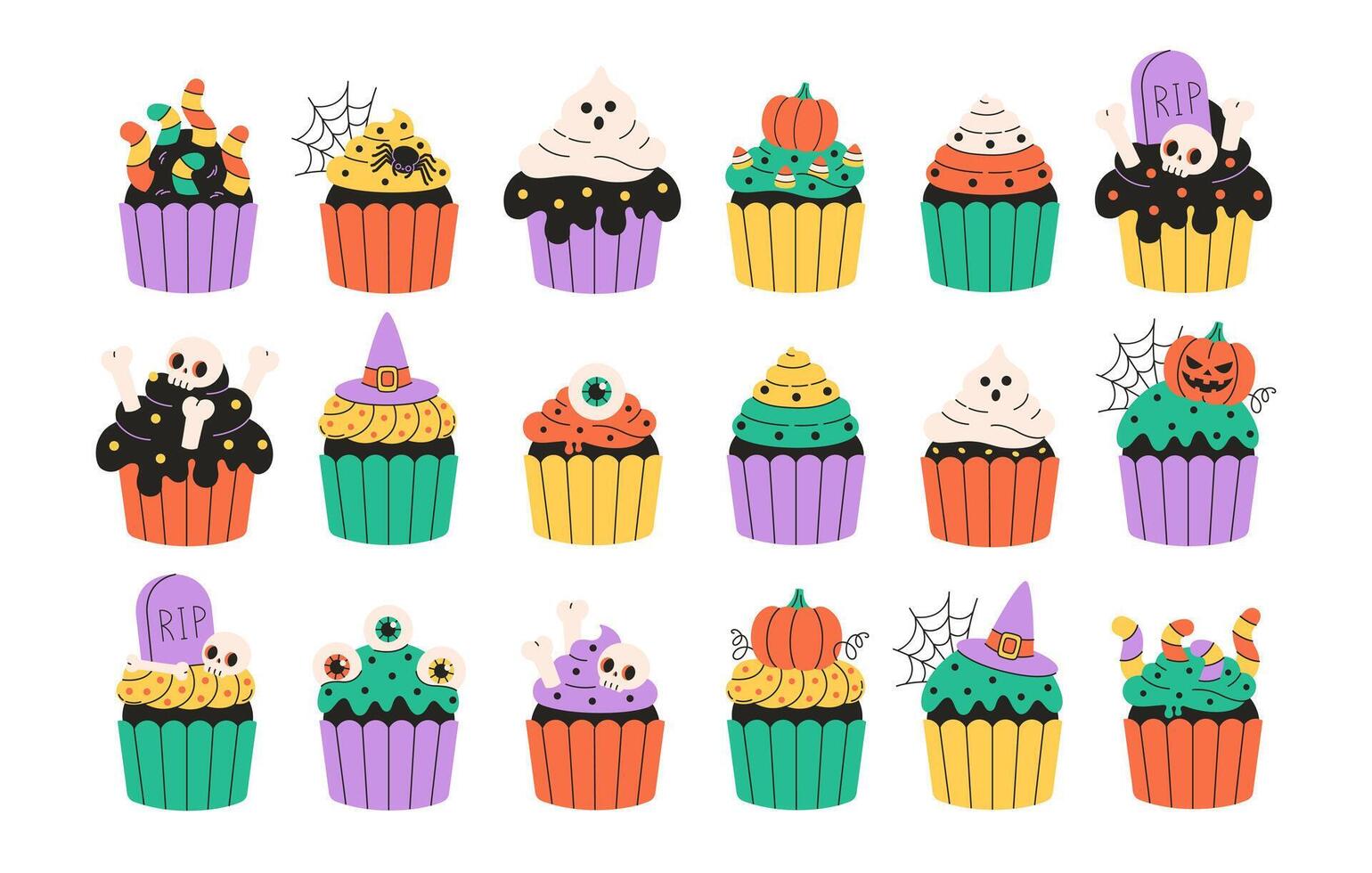 Cute Halloween cupcakes with eyes, spider, web, ghost, pumpkins, bones. Happy Halloween. Trick or treat. vector
